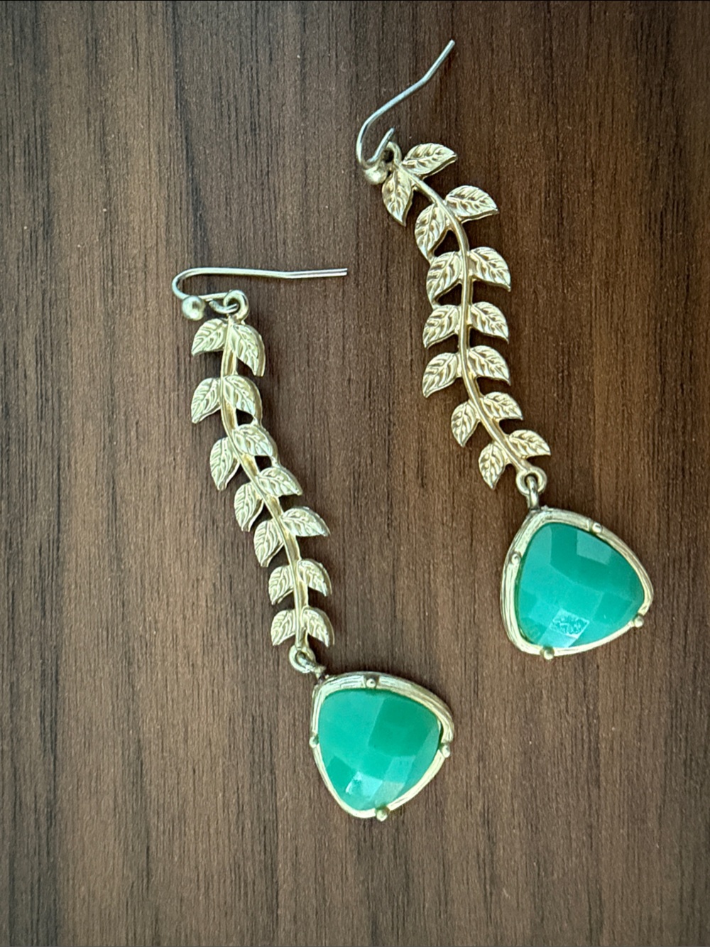 Green Stone Drop Leaf Dangle Earrings - Brand: